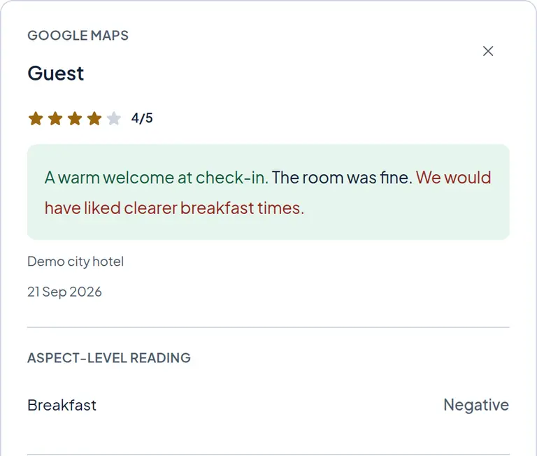 Reviato demo highlighting a request for clearer breakfast times within a four-star sample review.